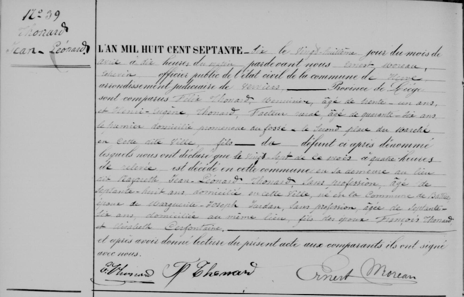 Document de décès de Jean leonard THONARD