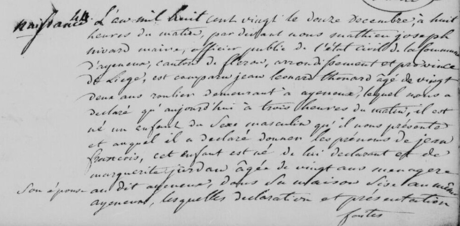 Acte de naissance de Jean François THONARD