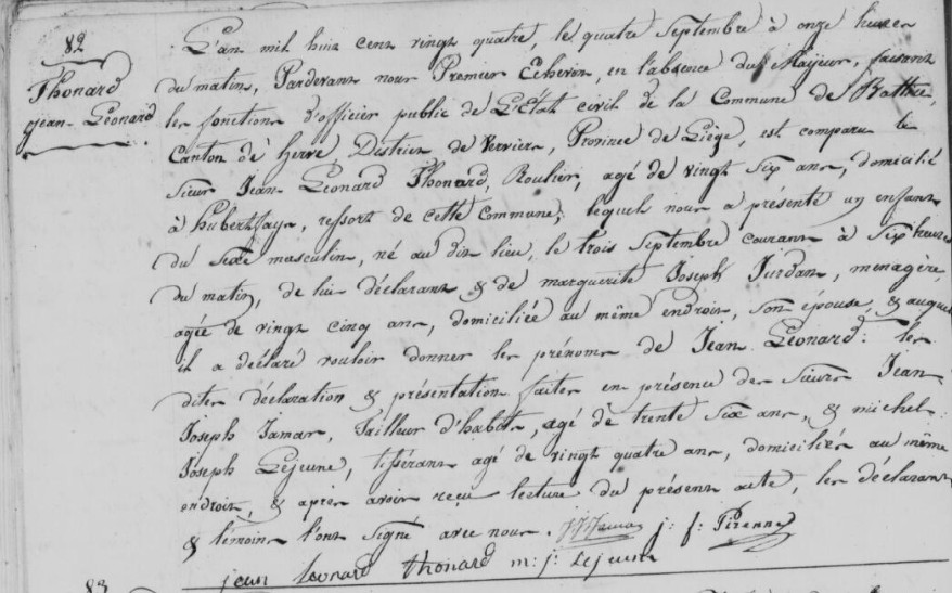 Acte de naissance de Léonard THONARD