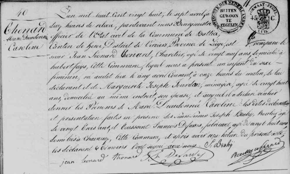 Acte de naissance de Dieudonnée Caroline THONARD