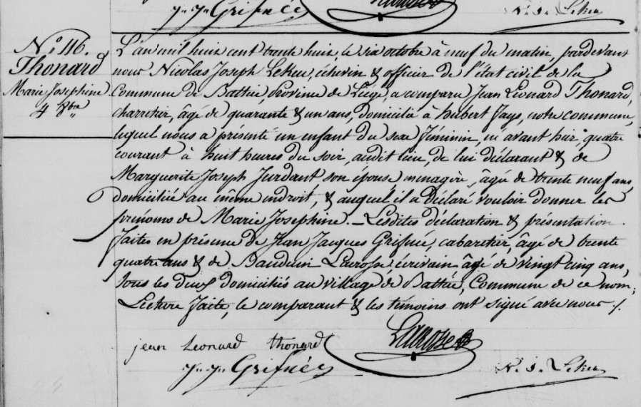 Acte de naissance de Marie Joséphine THONARD