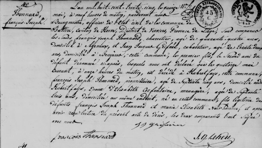 Document de décès de François Joseph THONARD