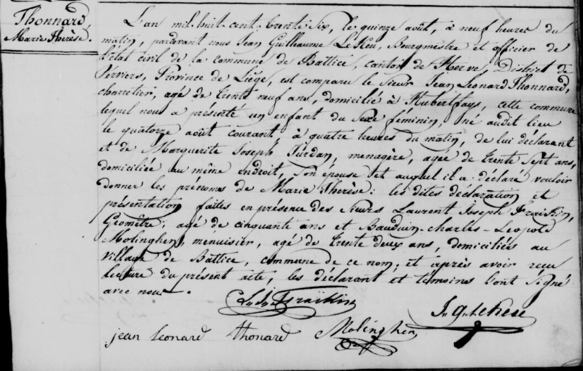 Acte de naissance de Marie therese THONARD