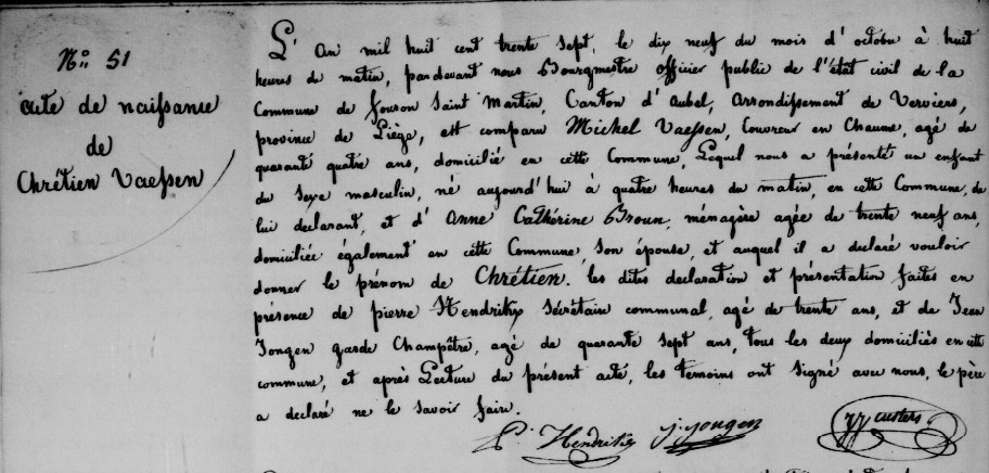 Acte de naissance de Chrétien VAESSEN
