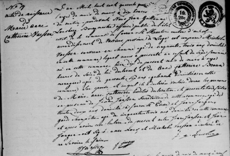 Acte de naissance de Marie Anne Catherine VAESSEN 