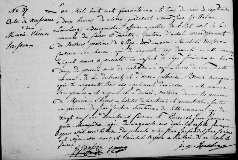 Acte de naissance de Marie Therese VAESSEN