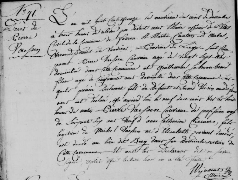 Document de décès de Pierre VAESSEN