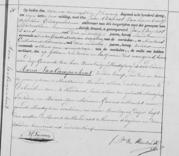 Document de décès de Maria Van Campenhout