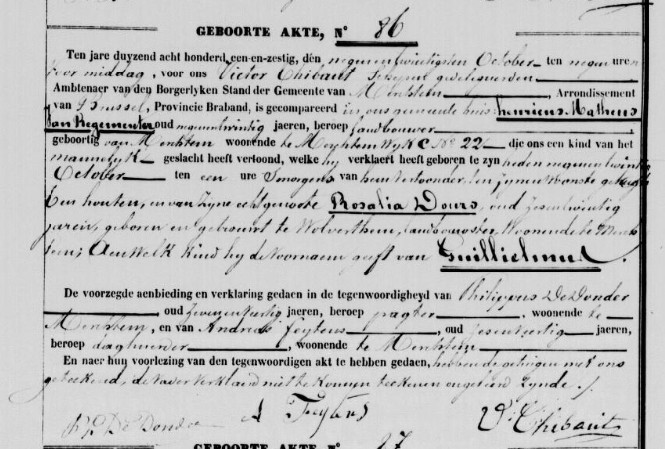 Acte de naissance de Guillelmus Guillaume VAN REGEMEUTER