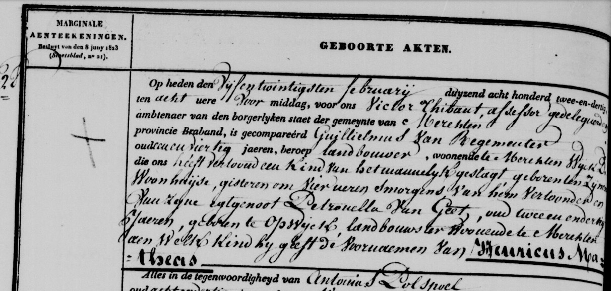 Acte de naissance de Henricus Matheas VAN REGEMEUTER