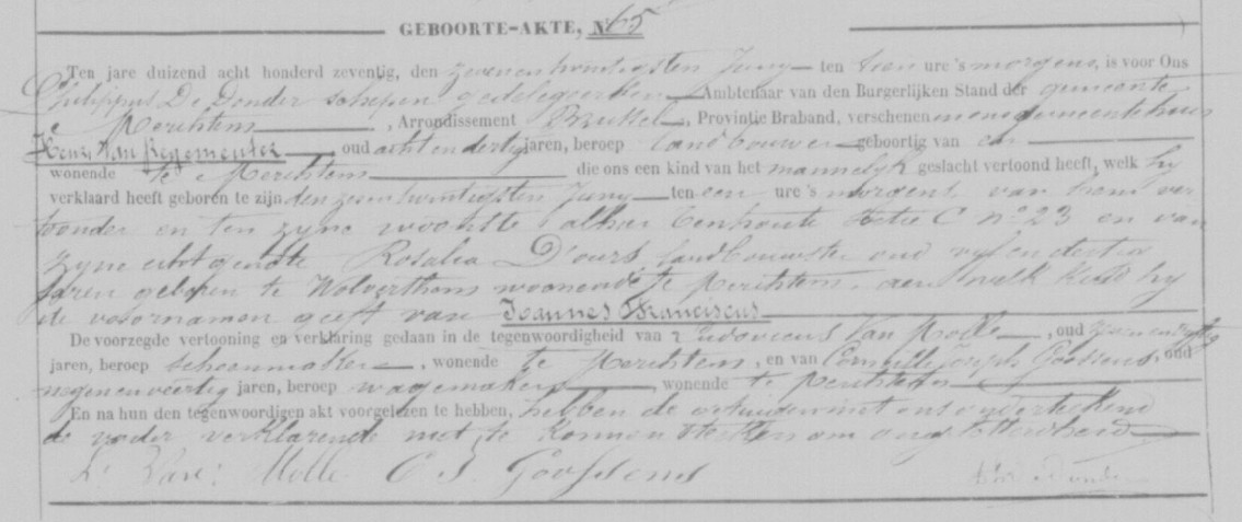 Acte de naissance de Jean François VAN REGEMEUTER