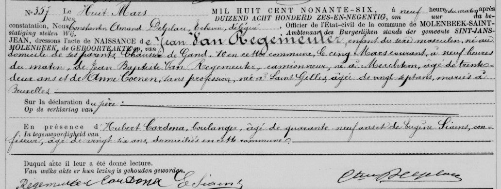 Acte de naissance de Jean VAN REGEMEUTER