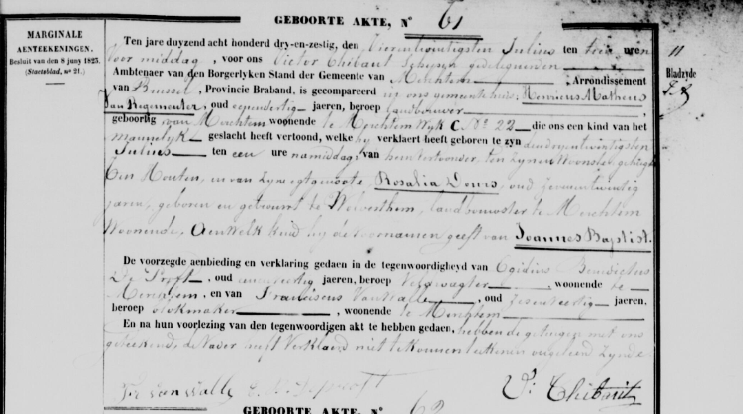 Acte de naissance de Joannes Baptist VAN REGEMEUTER