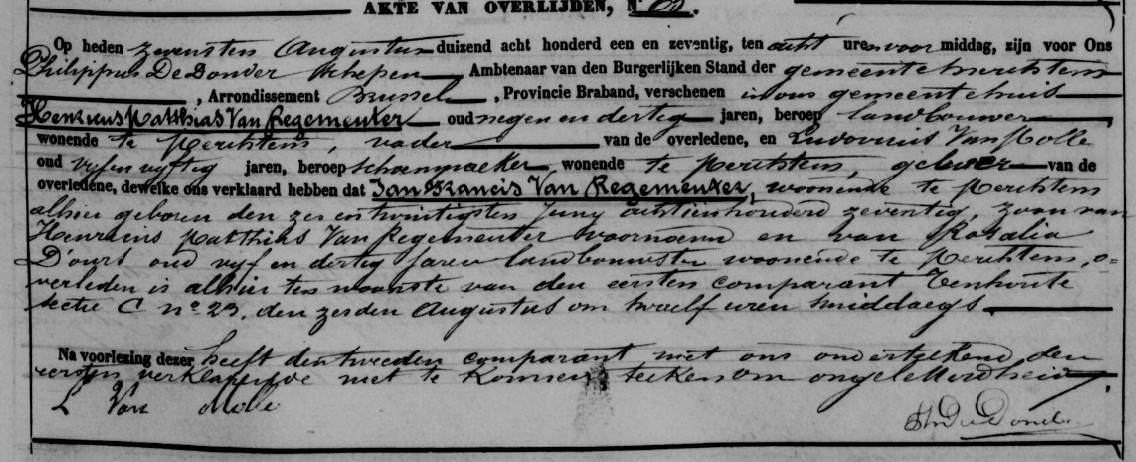 Document de décès de Jean François VAN REGEMEUTER