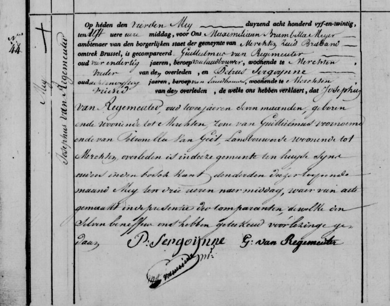 Document de décès de Josephus VAN REGEMEUTER