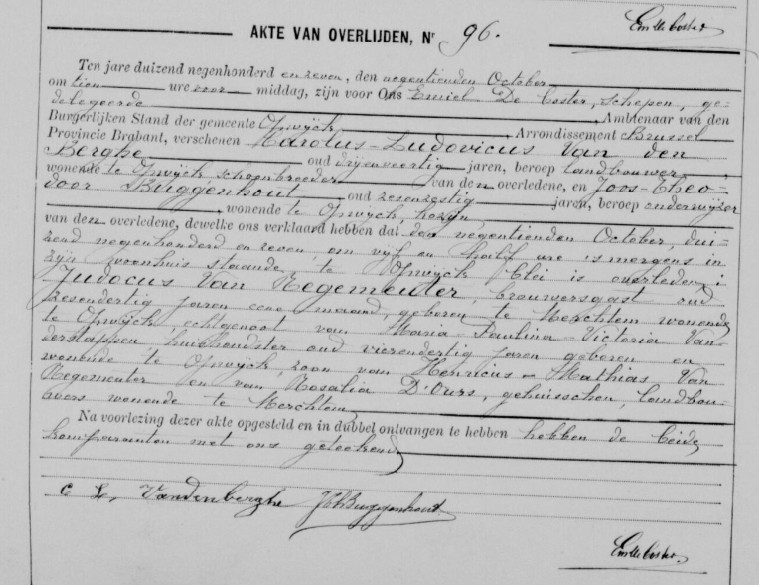 Document de décès de Judocus VAN REGEMEUTER