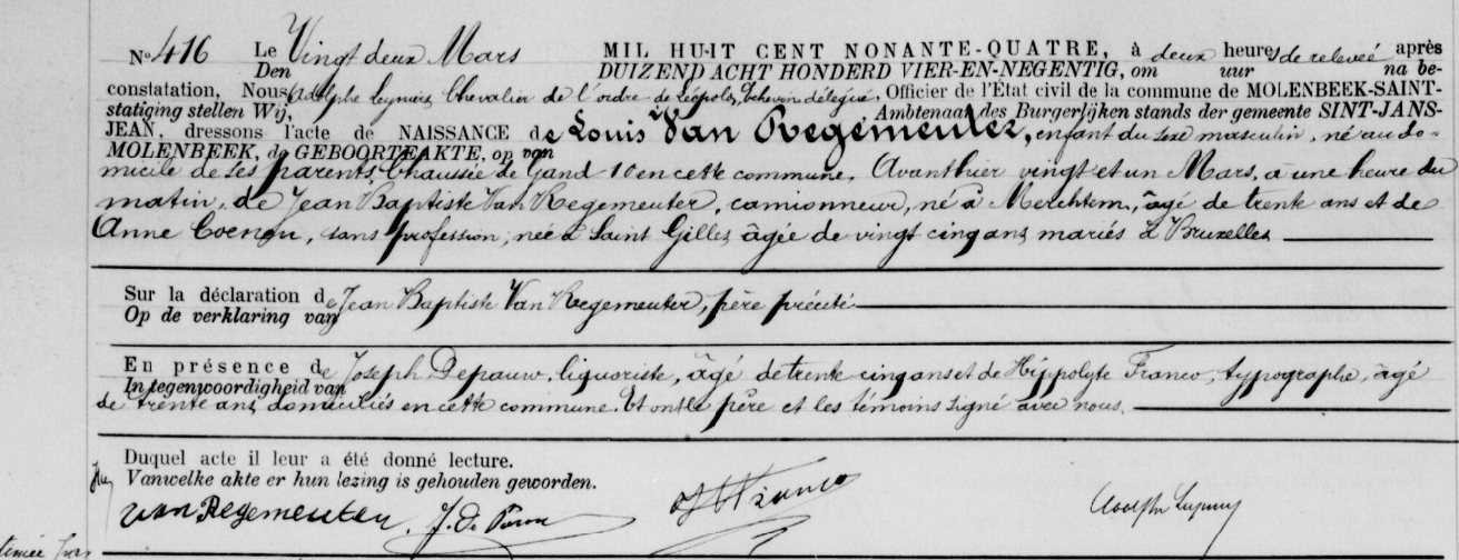 Acte de naissance de Louis VAN REGEMEUTER