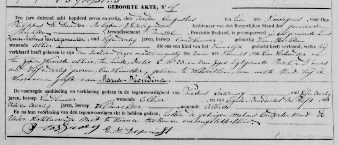 Acte de naissance de Maria Blondina VAN REGEMEUTER