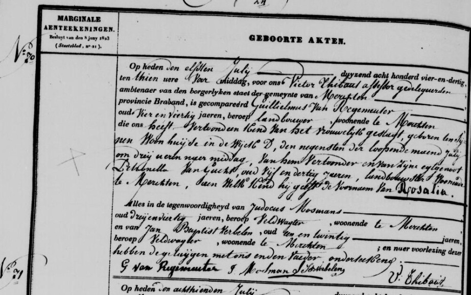 Acte de naissance de Rosalia VAN REGEMEUTER