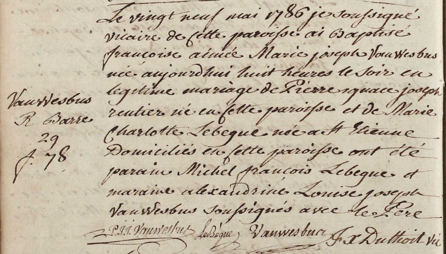 Acte de naissance de Françoise Aimée Marie-Joseph VAN WESBUS