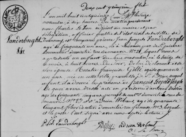 Acte de naissance de Francois leopold Joseph VANDERBORGHT