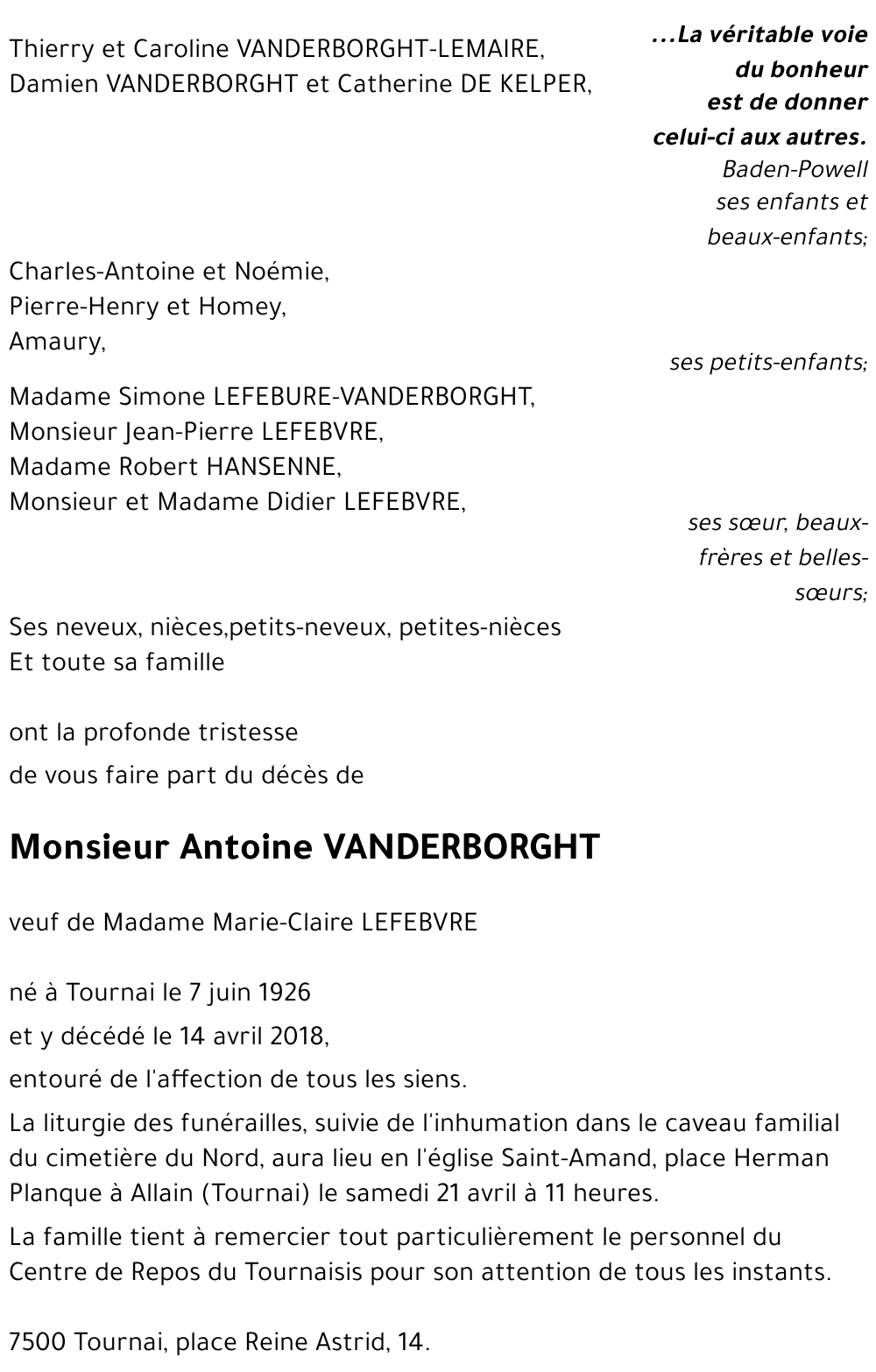 Document de décès de Antoine VANDERBORGHT (**)