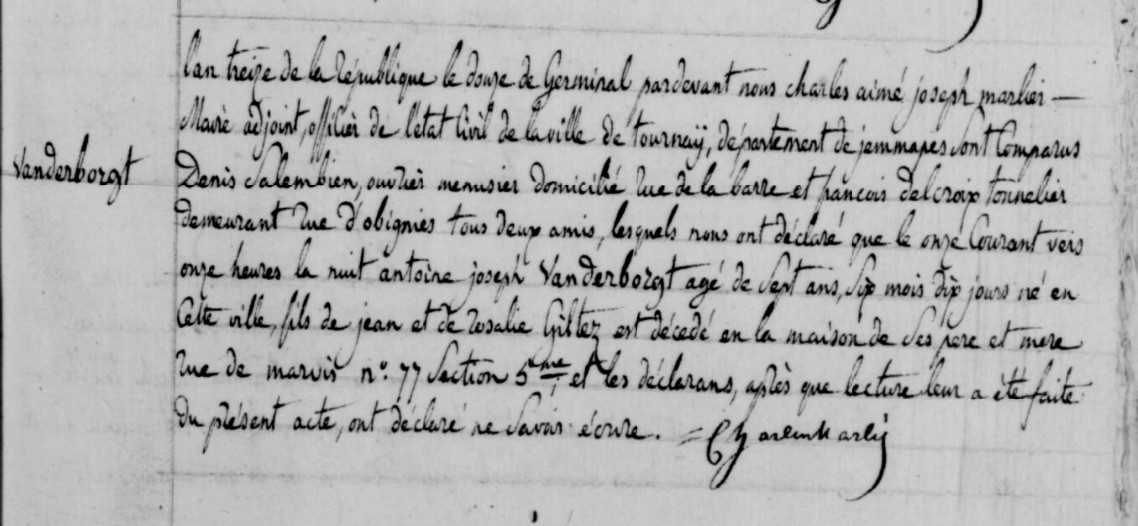 Document de décès de Antoine Joseph VANDERBORGHT