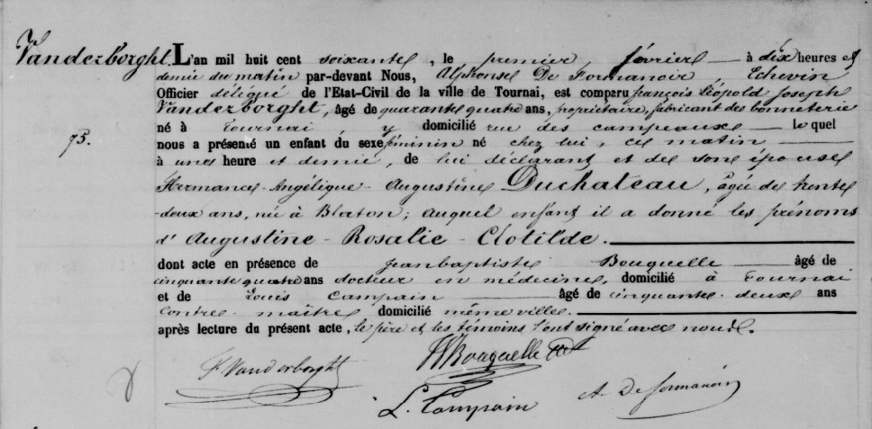 Acte de naissance de Augustine Rosalie Clotilde VANDERBORGHT