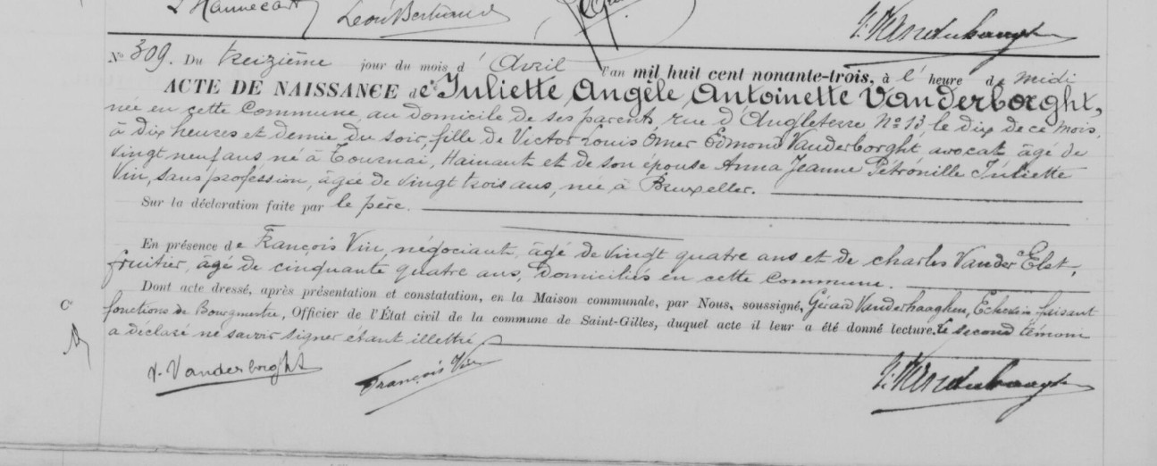 Acte de naissance de Juliette Angèle Antoinette VANDERBORGHT