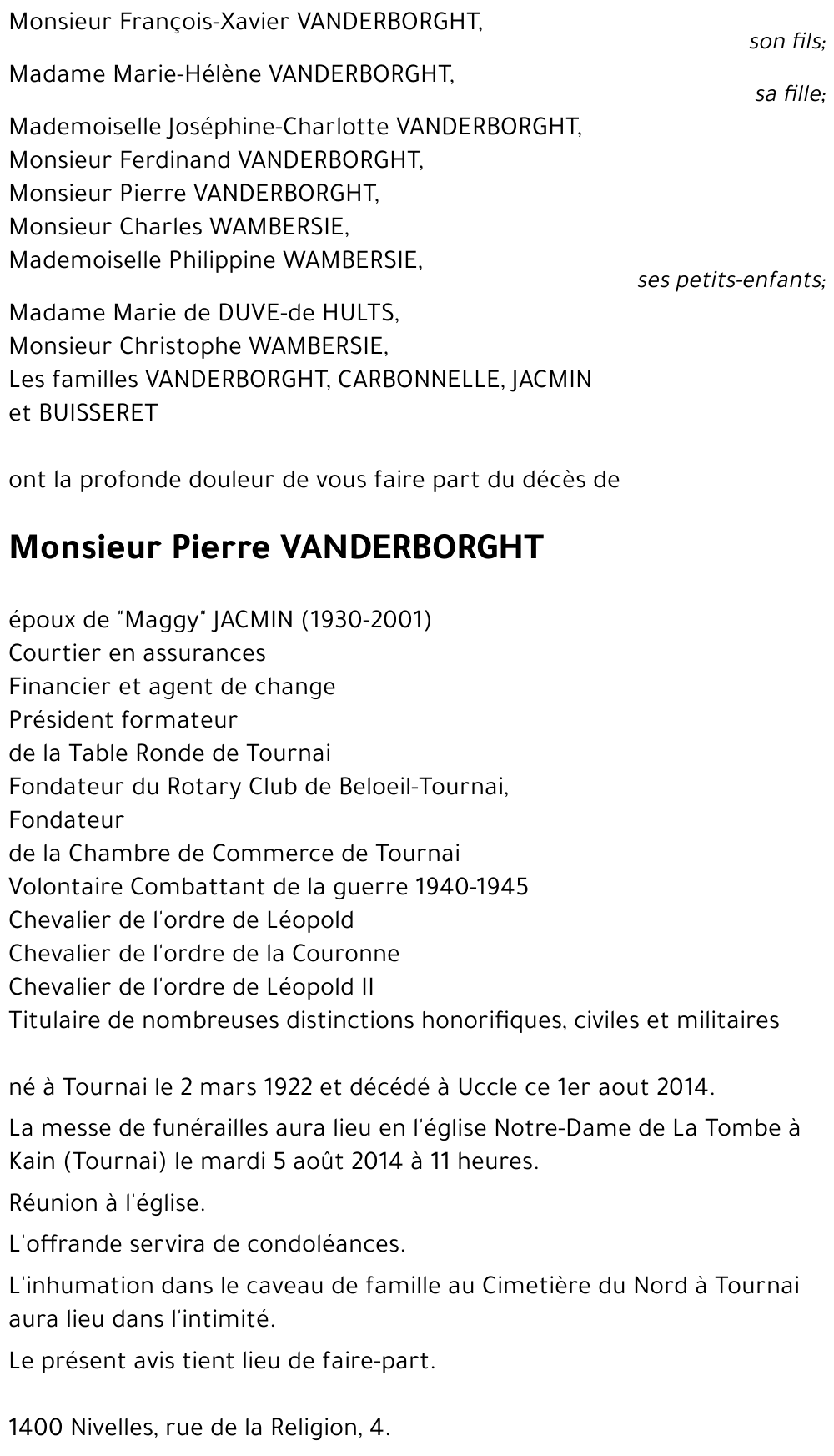 Acte de naissance de Pierre VANDERBORGHT (**)