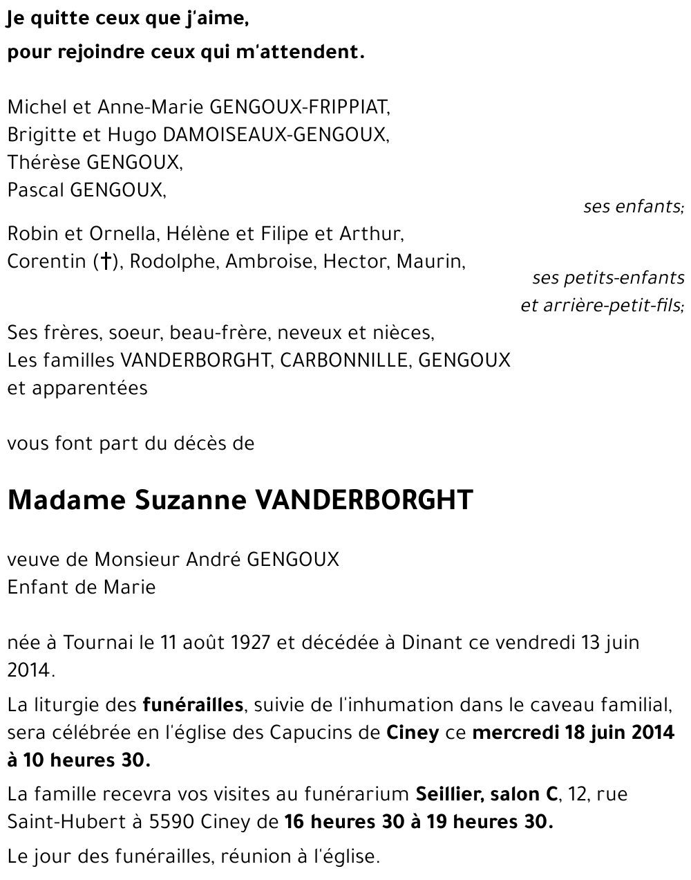 Document de décès de Suzanne VANDERBORGHT (**)