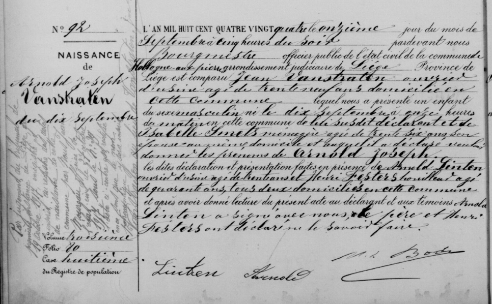 Acte de naissance de Arnold Joseph VANSTRAELEN