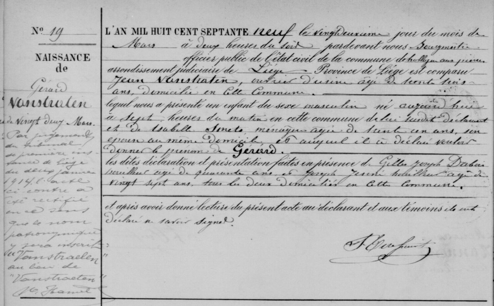 Acte de naissance de Gérard VANSTRAELEN (Vanstraeten)