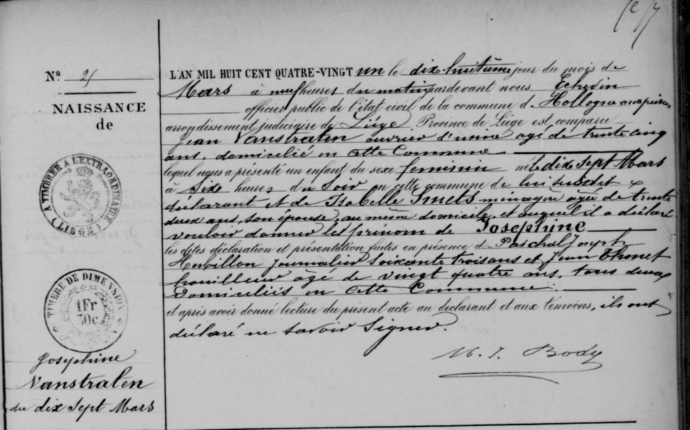 Acte de naissance de Joséphine VANSTRAELEN