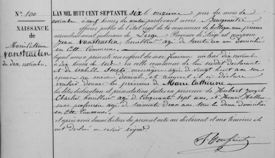 Acte de naissance de Marie Catherine VANSTRAELEN
