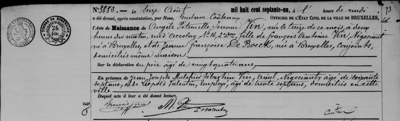 Acte de naissance de Angèle Pétronille Jeanne VIN 