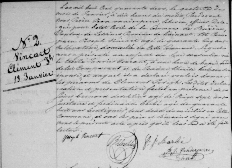 Acte de naissance de Clément Joseph VINCART
