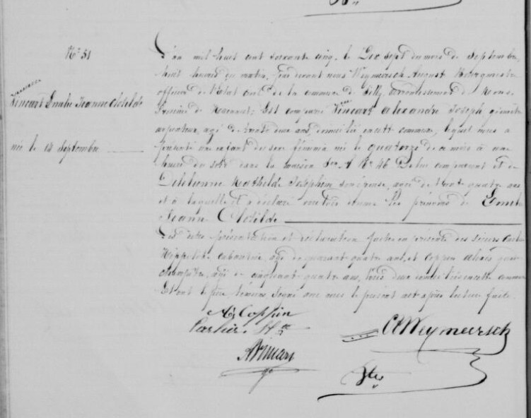 Acte de naissance de Emilie Jeanne Clothilde VINCART ***