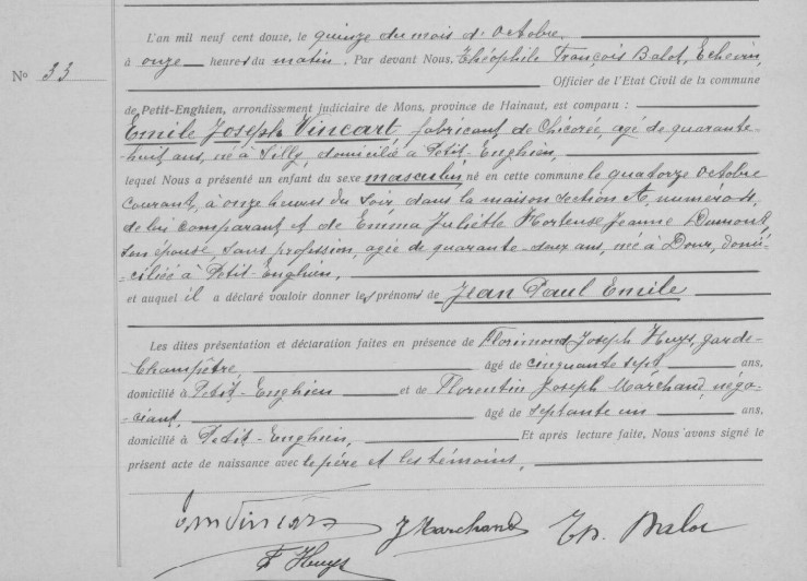 Acte de naissance de Jean Paul Emile VINCART