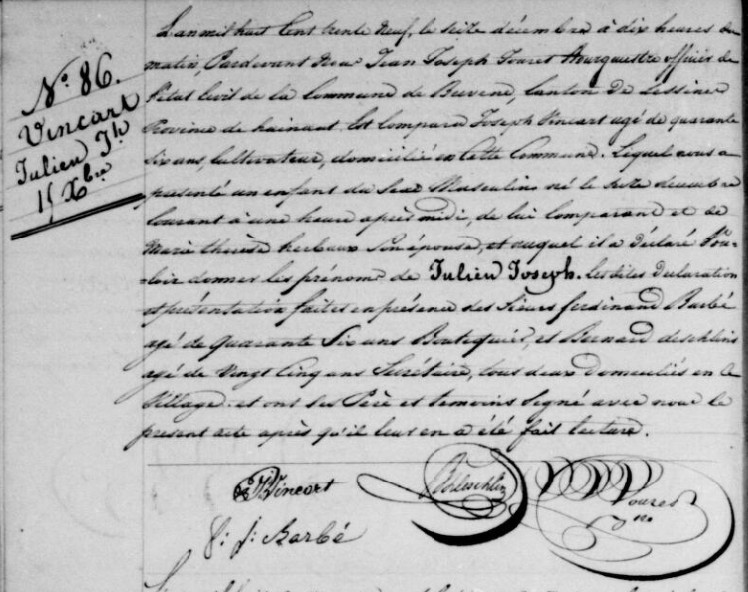 Acte de naissance de Julien Joseph VINCART