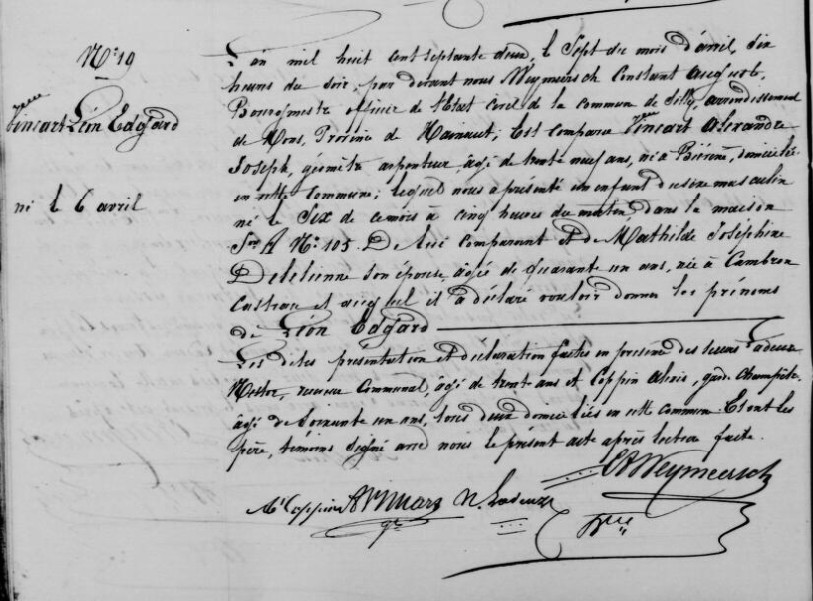 Acte de naissance de Léon Edgard VINCART ***