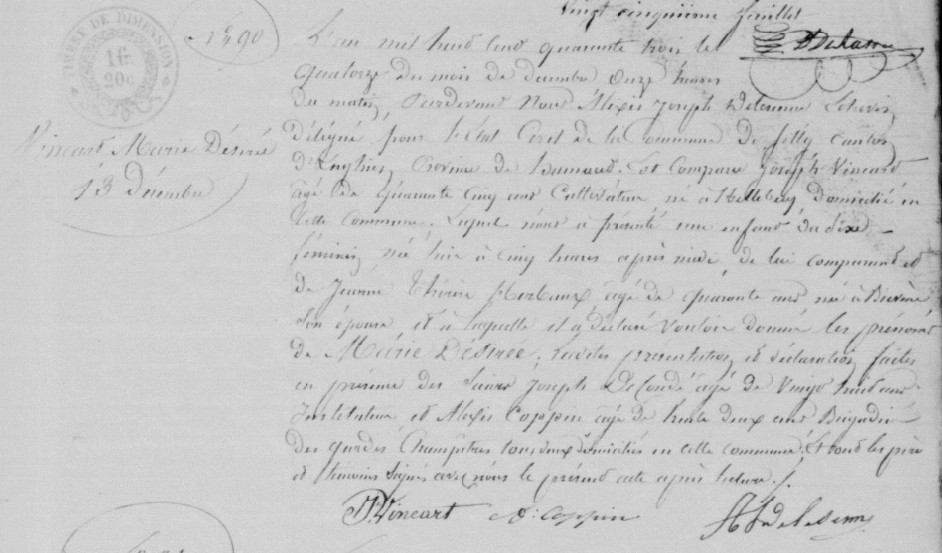 Acte de naissance de Marie Désirée VINCART