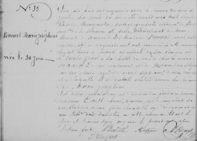 Acte de naissance de Marie Joséphine VINCART