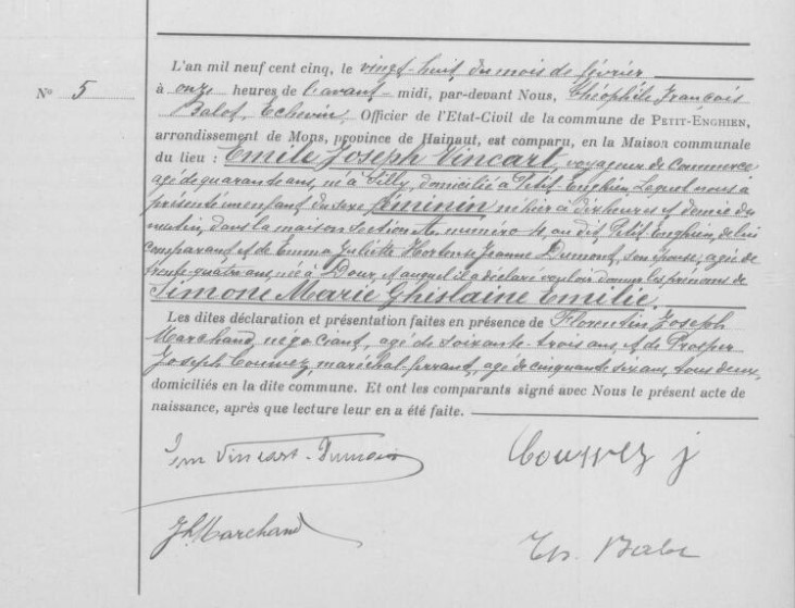 Acte de naissance de Simone Marie Ghislaine Emilie VINCART