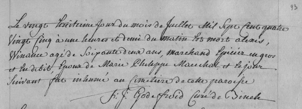 Document de décès de Alexis Joseph WINANCE