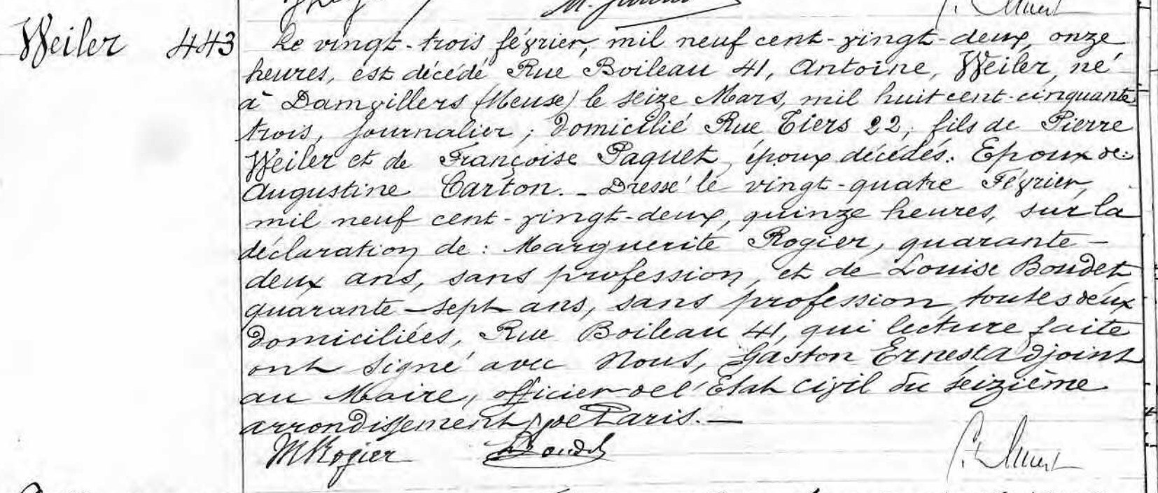 Document de décès de Antoine WEILER