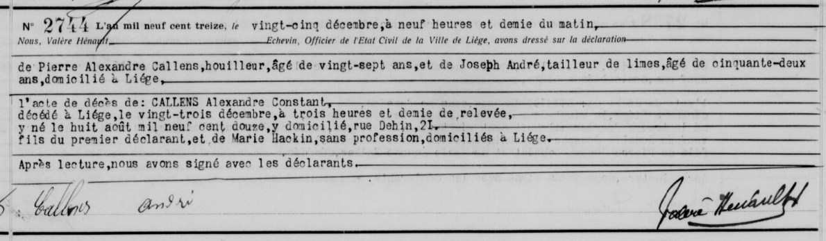 Document de décès de Alexandre Constant CALLENS
