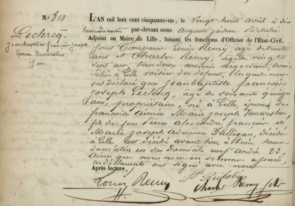 Document de décès de Jean Baptiste François Joseph LECLERCQ
