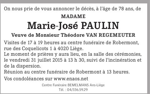 Document de décès de Marie Josée PAULIN