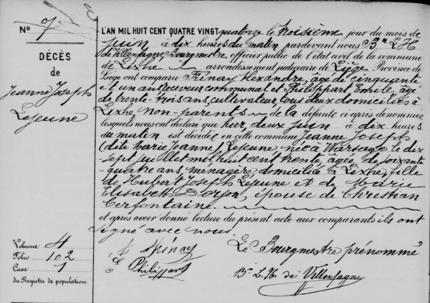 Document de décès de Jeanne Joseph LEJEUNE